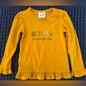 Girls toddler embroidered Thanksgiving Mustard Long Sleeve Ruffle Shirt, size 5